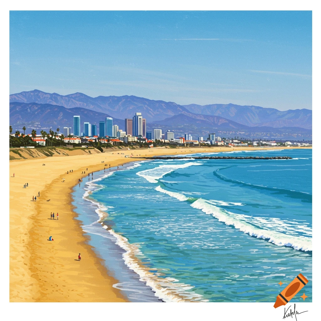 A beach with waves, a city skyline, and mountains in the distance.
