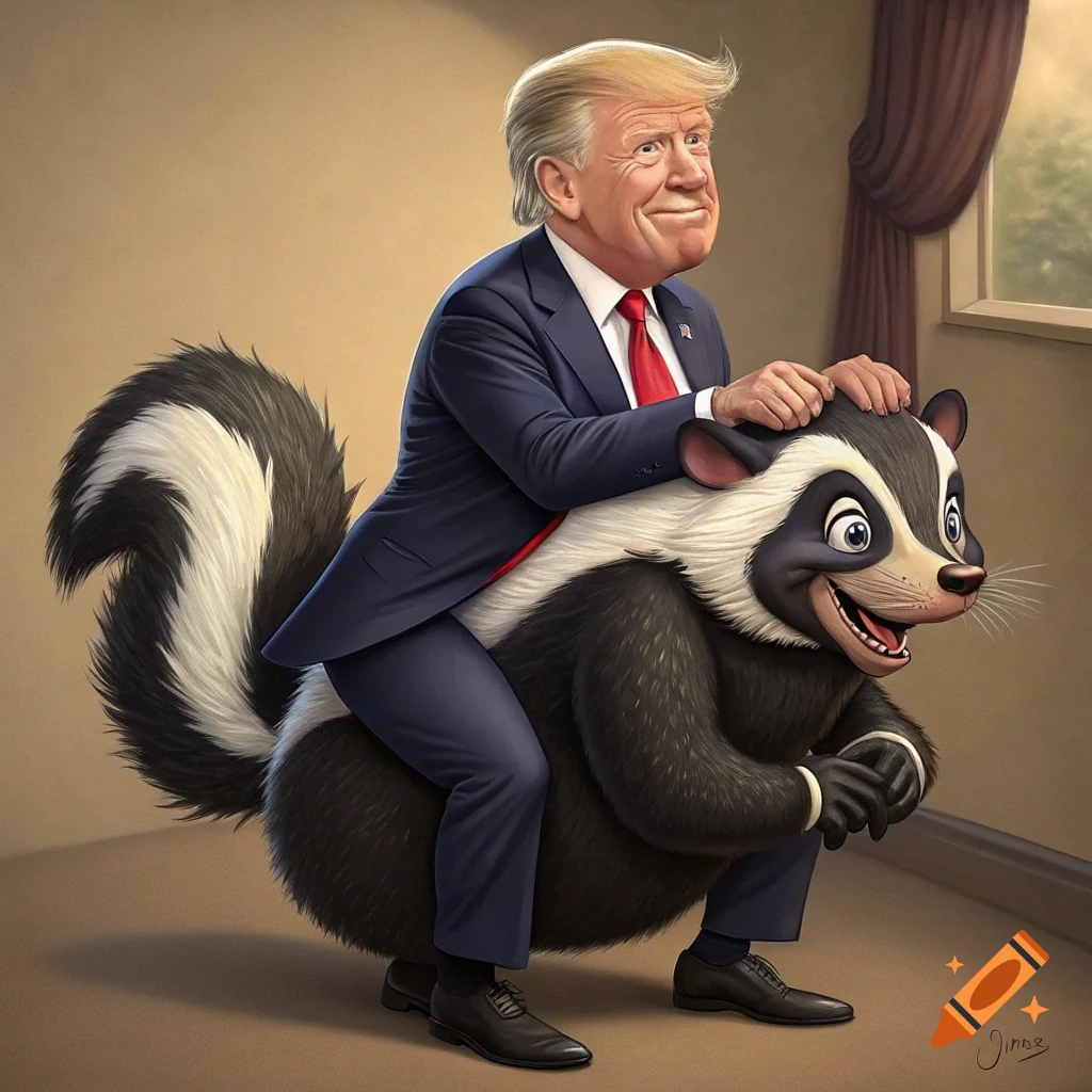 Political cartoon of Donald Trump riding a large cartoon skunk