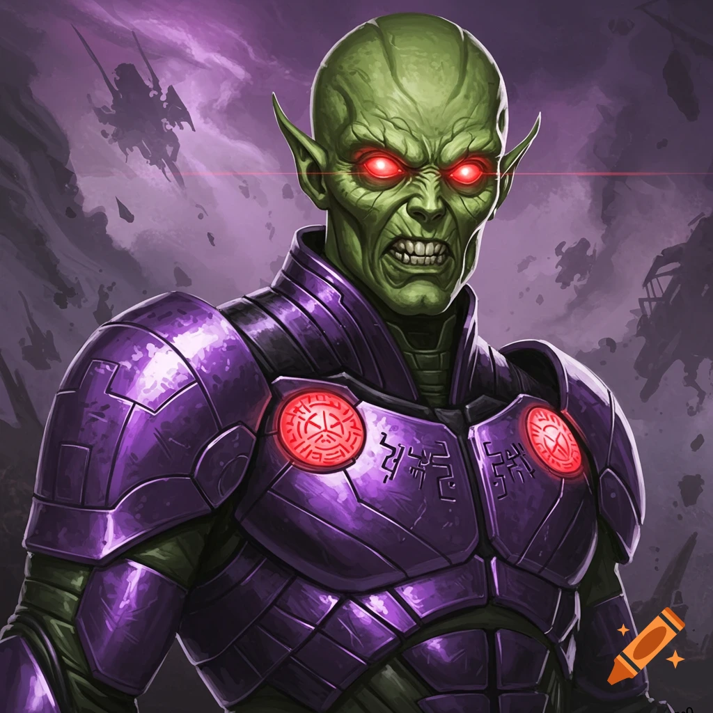 A green alien with red eyes wearing purple armor.