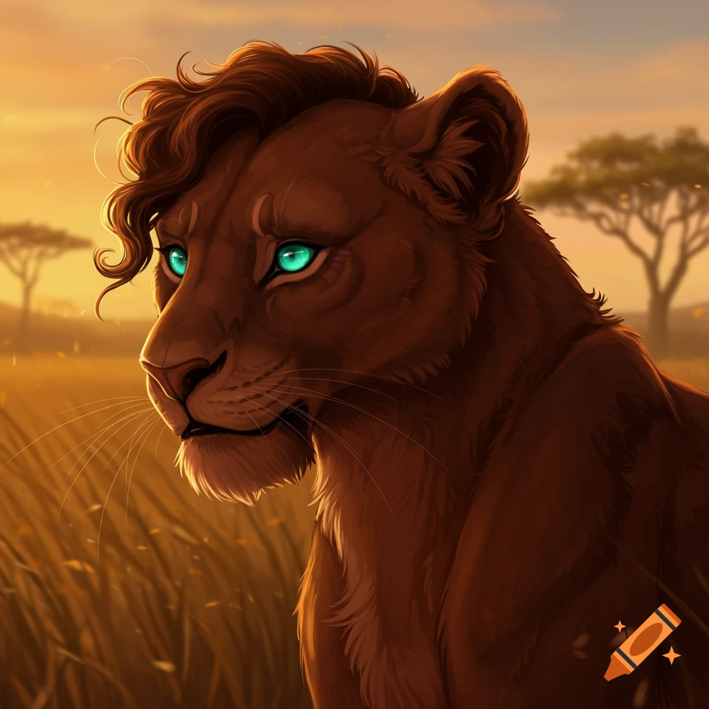 A lioness with wavy hair and teal eyes in a savanna sunset.