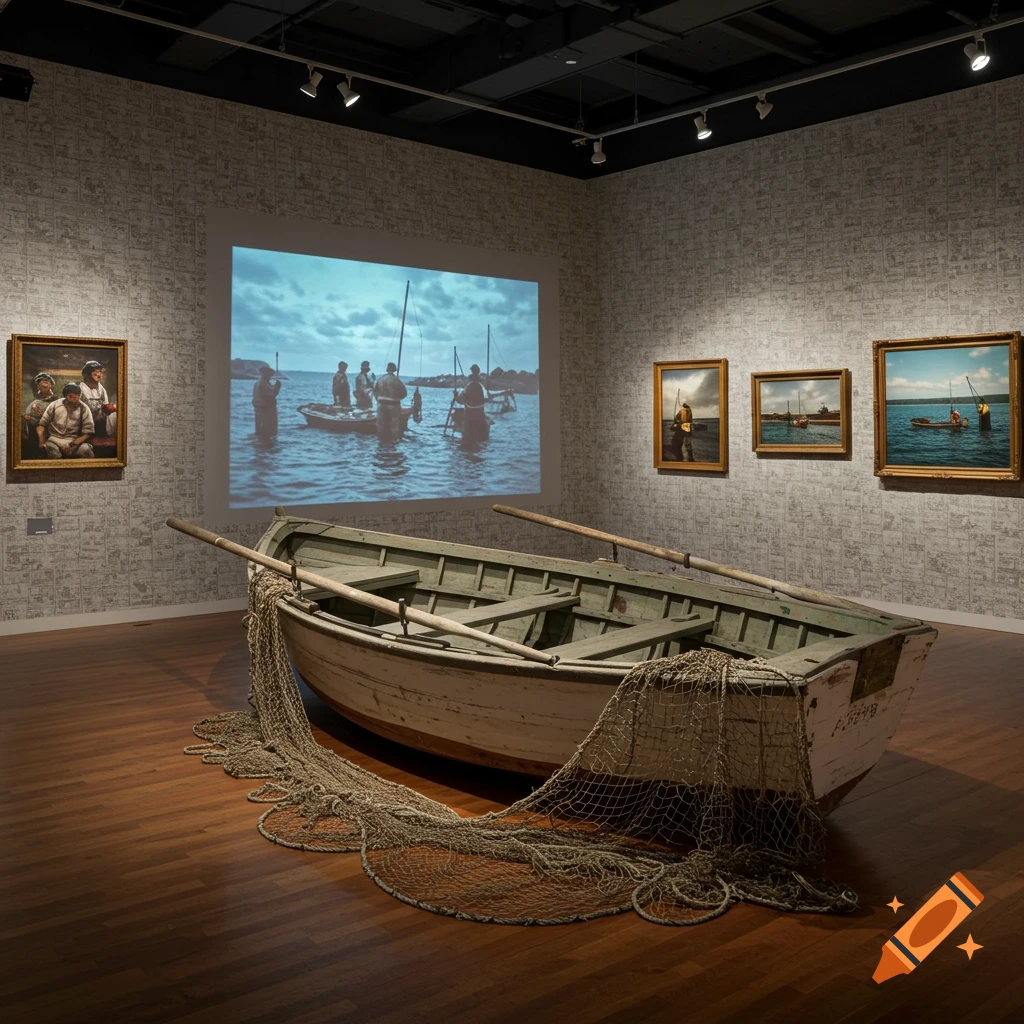 Art gallery installation with a rowboat, fishing net, video projection, and paintings on newspaper-patterned walls.
