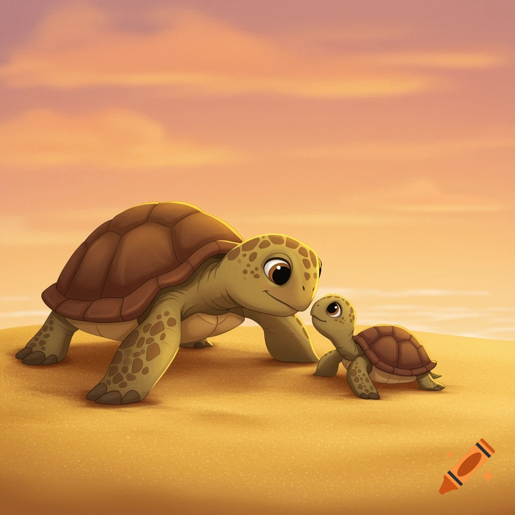 A whimsical illustration of a mother and baby sea turtle on a sandy beach at sunset.