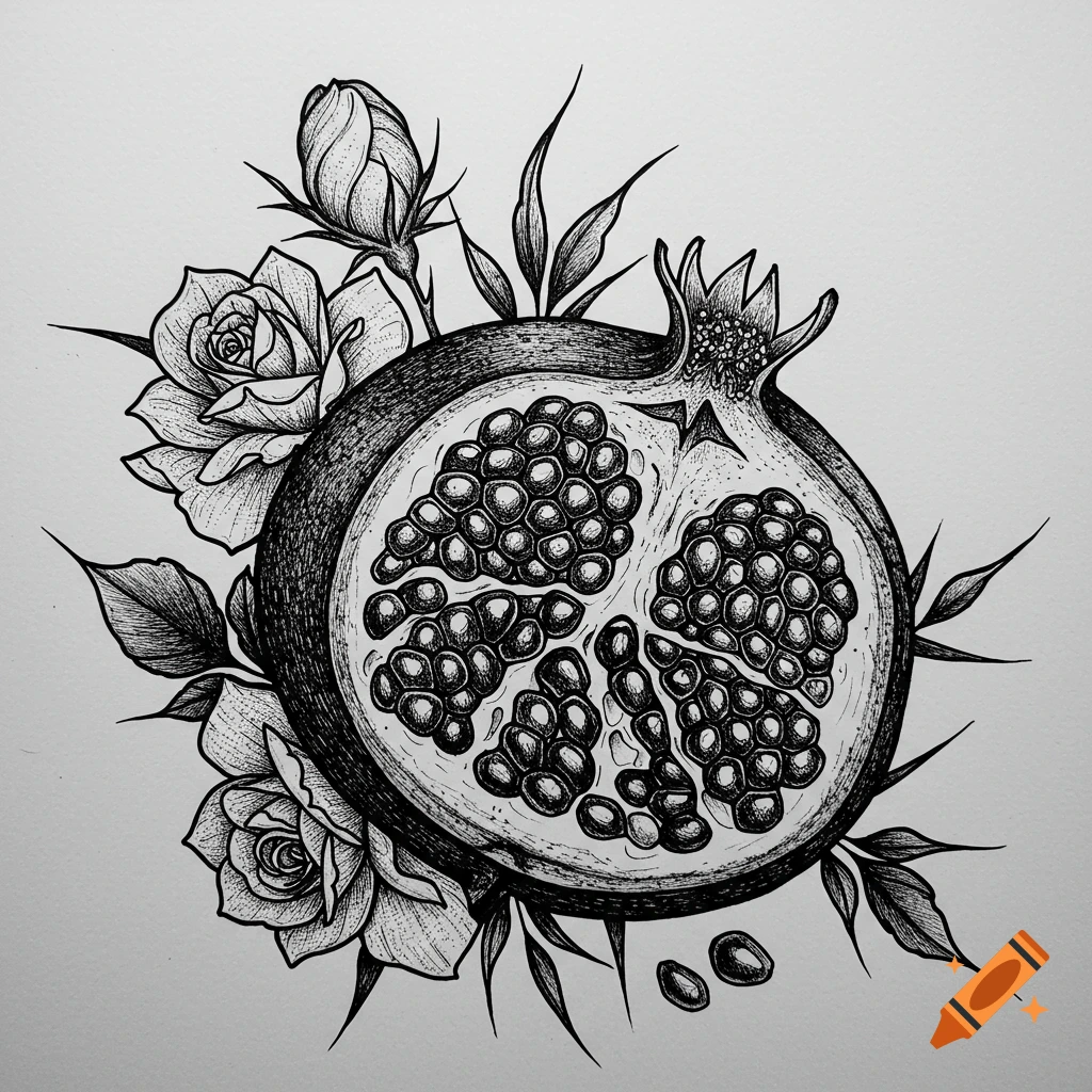 Monochrome sketch of a gothic style pomegranate with roses