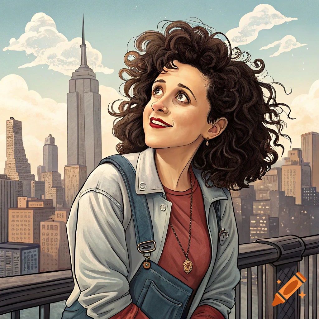 Illustration of a woman with curly hair looking up at a city skyline, with the Empire State Building in the background.