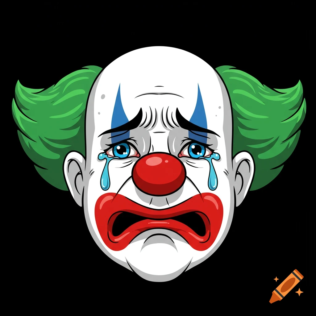 Vector graphic of a crying clown face with green hair, red nose and mouth, and blue tears.
