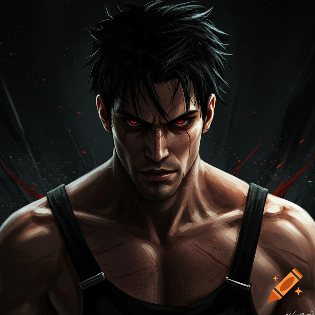 Image of an intense man with black hair, red eyes, and scars.