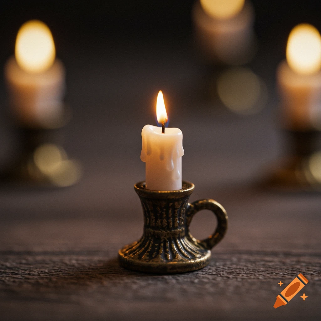 A single lit candle in a small decorative metal candlestick on a wooden table, photorealistic with tilt-shift blur.