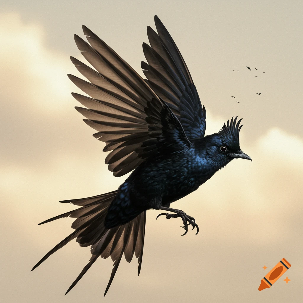 A dark fantasy bird with a crest and long tail flies against a cloudy sky.