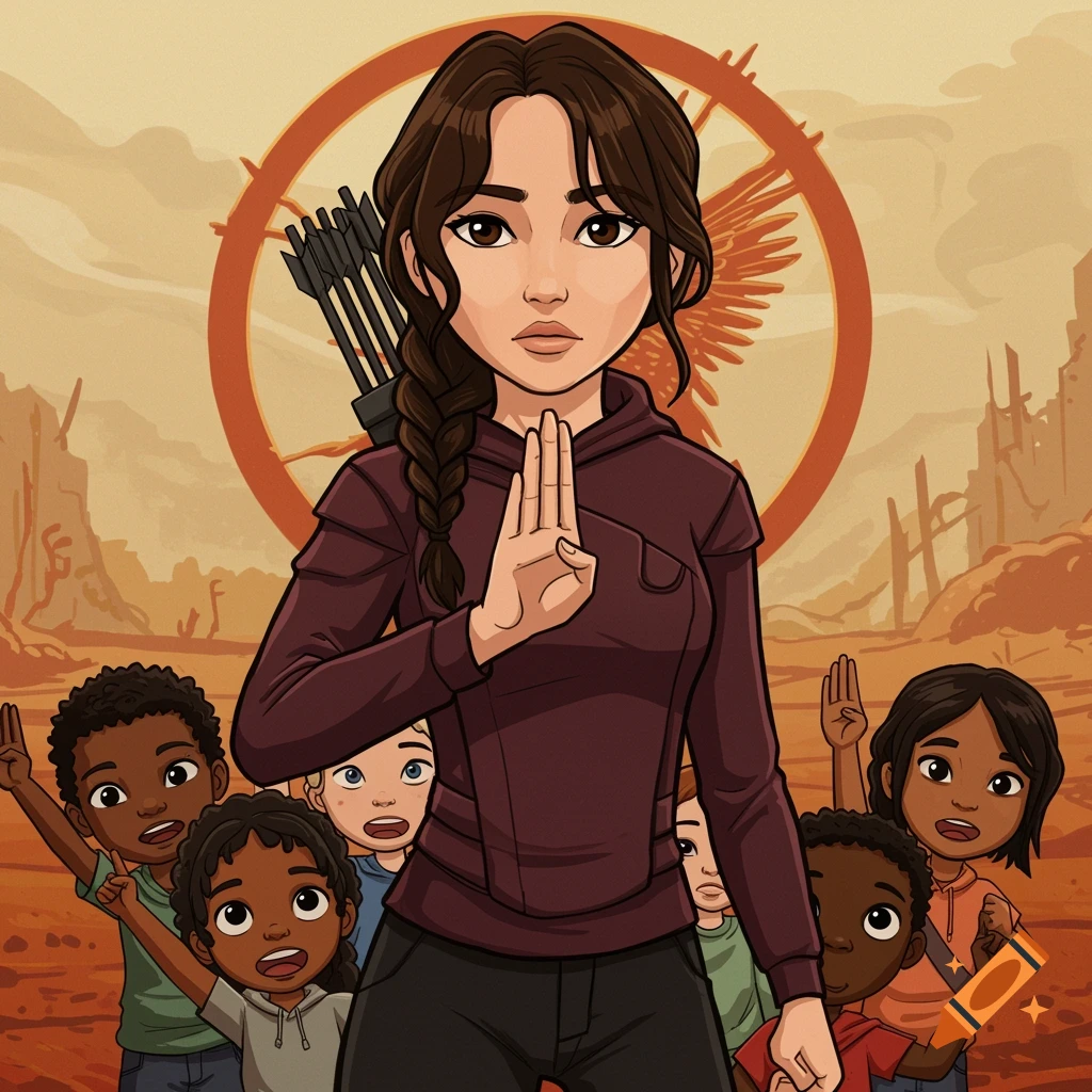 Cartoon of a woman and children giving the three-finger salute against a background with a circular symbol and landscape.