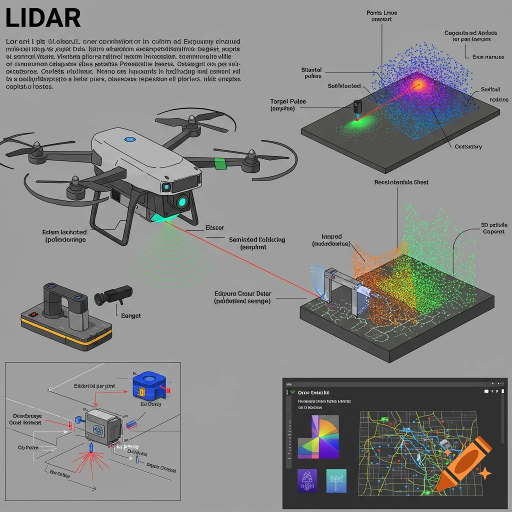 Diagram illustrating a drone using a LIDAR system with various related technical diagrams and charts.