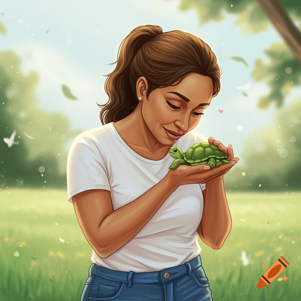 A woman in a meadow holds a baby turtle in her hands.