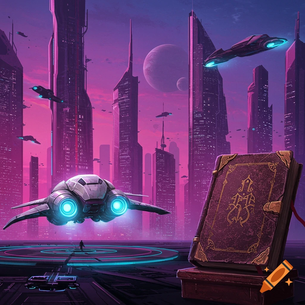 Sci-fi cityscape with flying spaceships and an ornate book in the foreground.