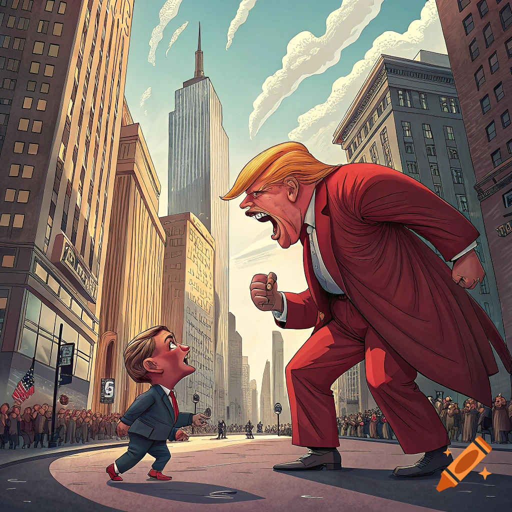 A cartoon caricature shows a giant Donald Trump shouting at a tiny Donald Trump on a New York City street.