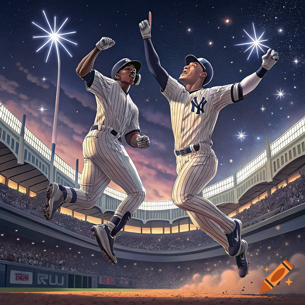 Two baseball players in pinstripes jump in celebration on a field at night, anime style.