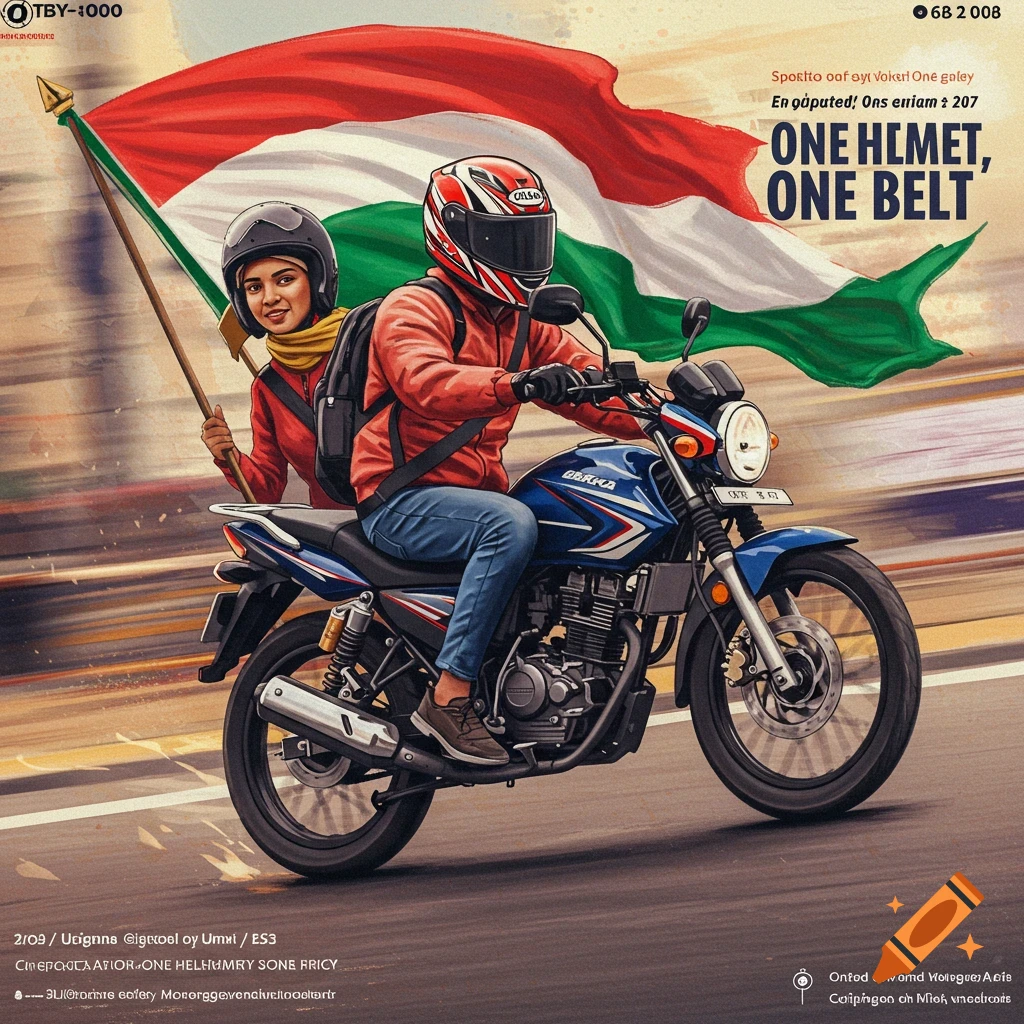 Two people ride a motorcycle, one holding a large flag. Text reads 'ONE HELMET, ONE BELT'. Stylized digital art.