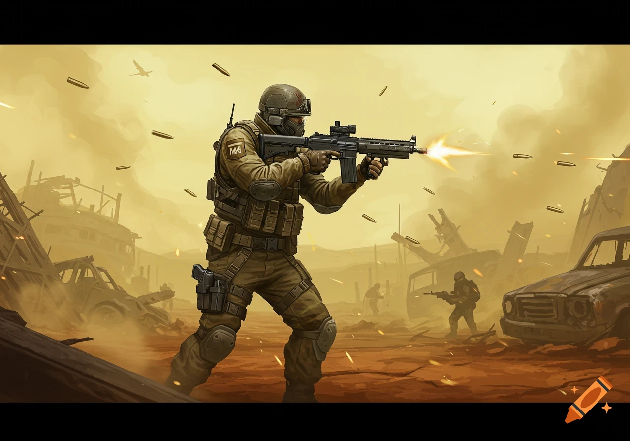 A soldier shoots a rifle in a ruined city.