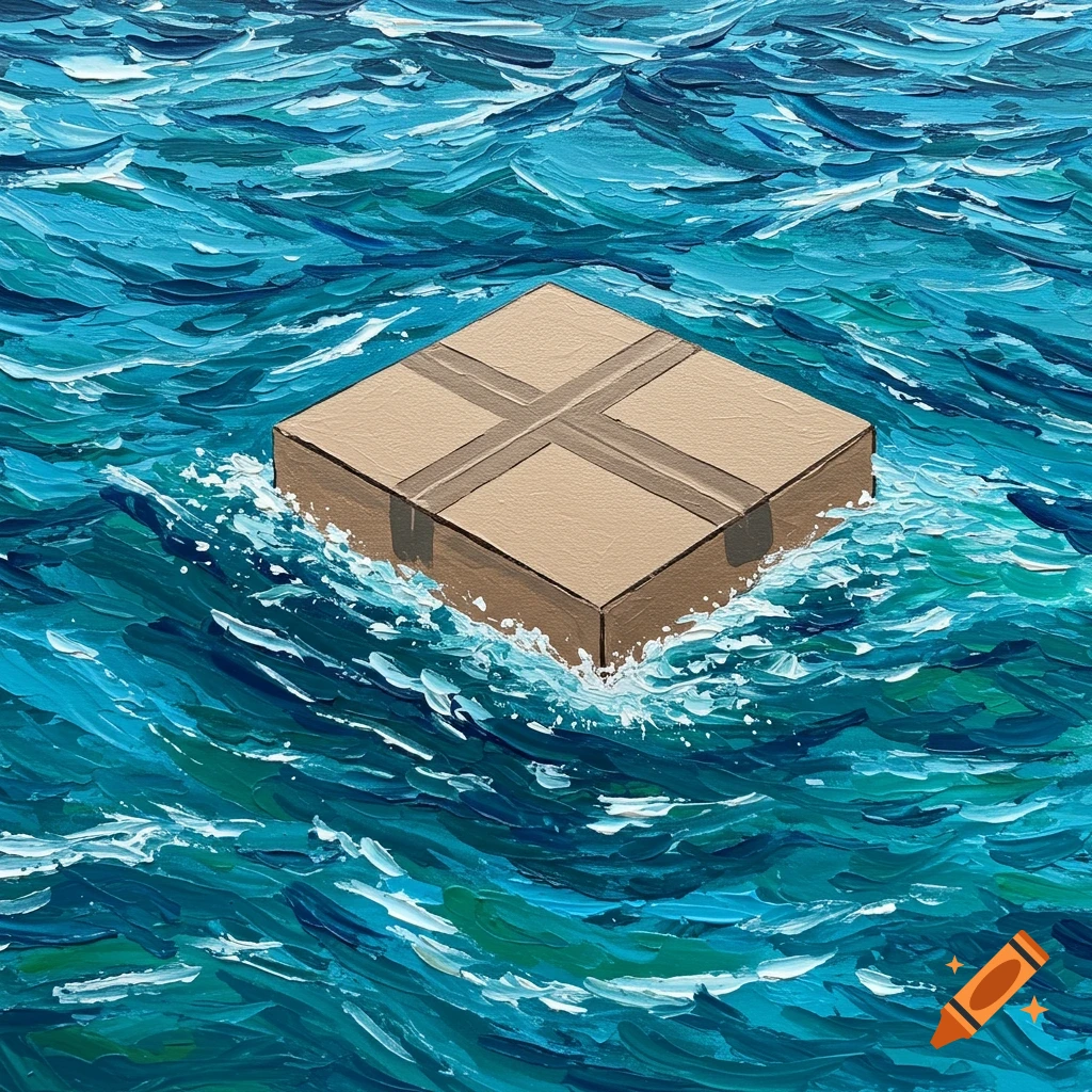 A cardboard box floats on a choppy blue ocean in a textured painting style.