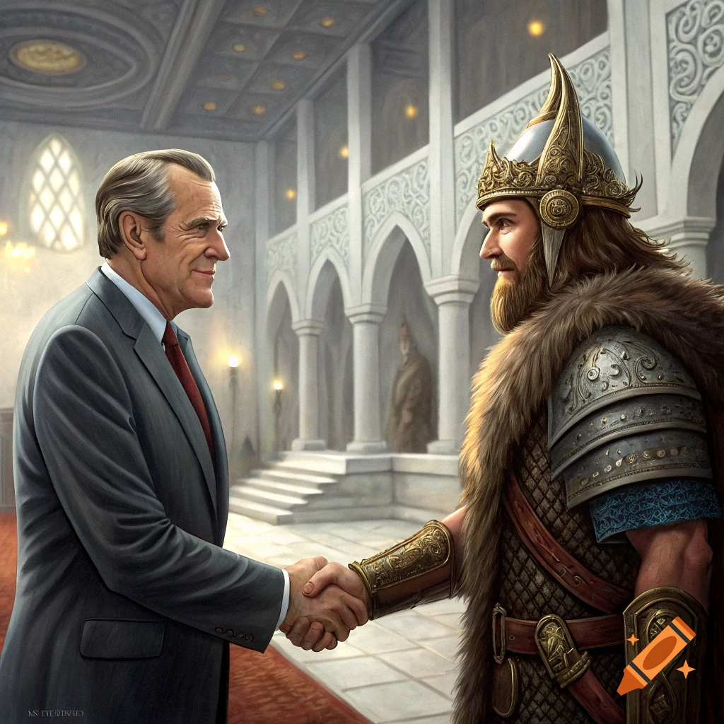 Richard Nixon shaking hands with Jarl Balgruuf in a fantasy hall.