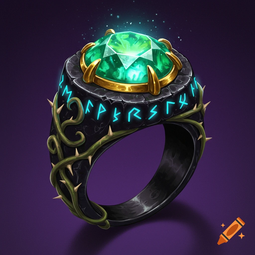 A dark fantasy ring with a large green gem, gold prongs, glowing runes, and thorny vines.