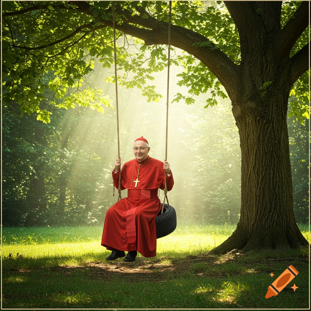 A man in red cardinal robes sits on a tire swing under a tree in a sunny forest clearing.