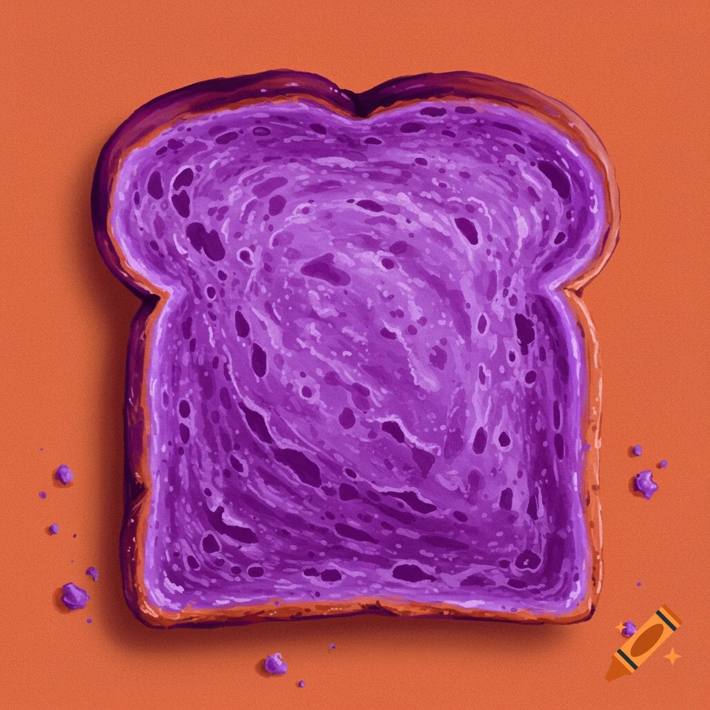 A slice of purple toast on an orange background.