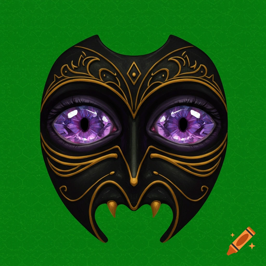 A black mask with gold details, large purple gem-like eyes, and fangs on a green patterned background.