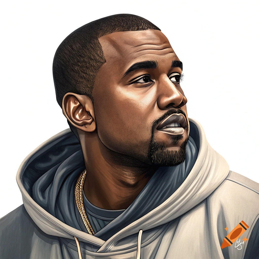 Portrait of Kanye West in a hoodie and gold chain, looking up.