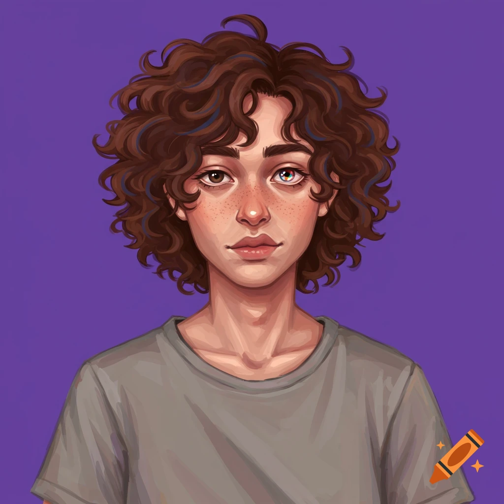 Stylized portrait of a young person with curly brown hair and heterochromia, wearing a grey t-shirt against purple.