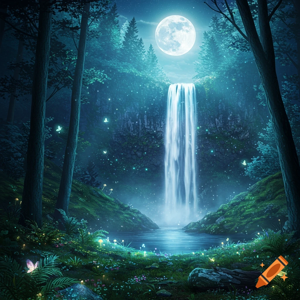 A magical forest at night with a waterfall under a full moon.