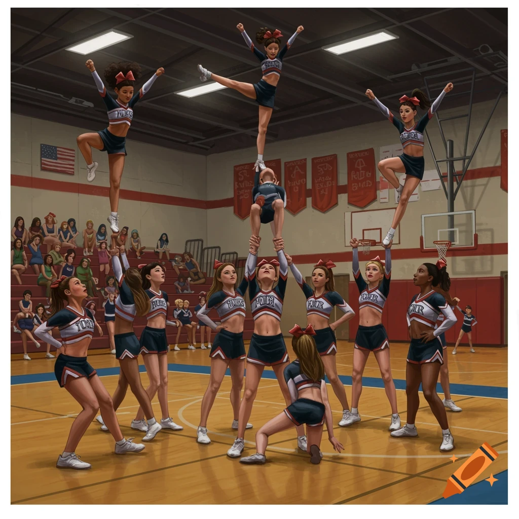 Cheerleaders performing stunts in a gymnasium with spectators.