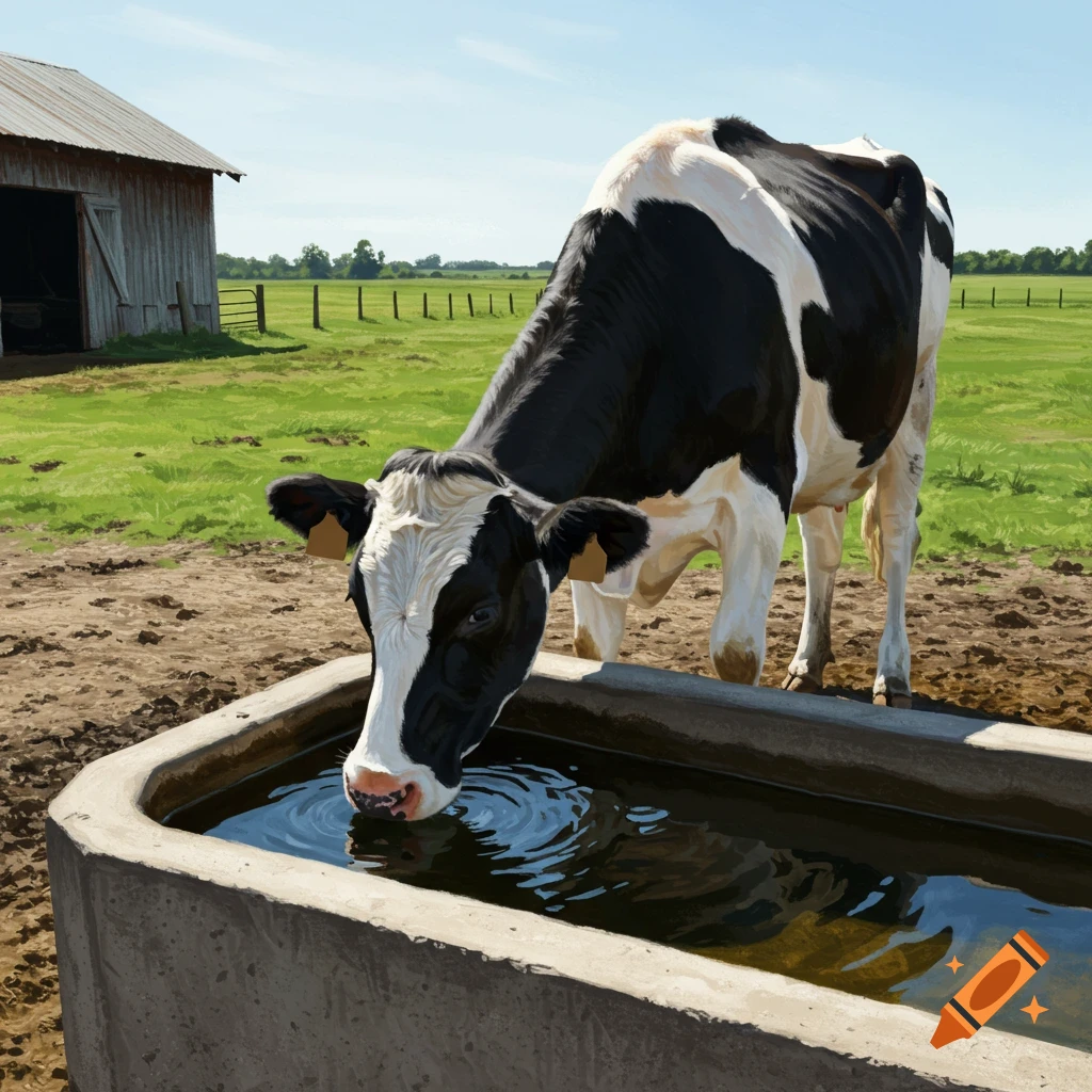 A Holstein cow drinks water from a concrete trough on a sunny farm field.
