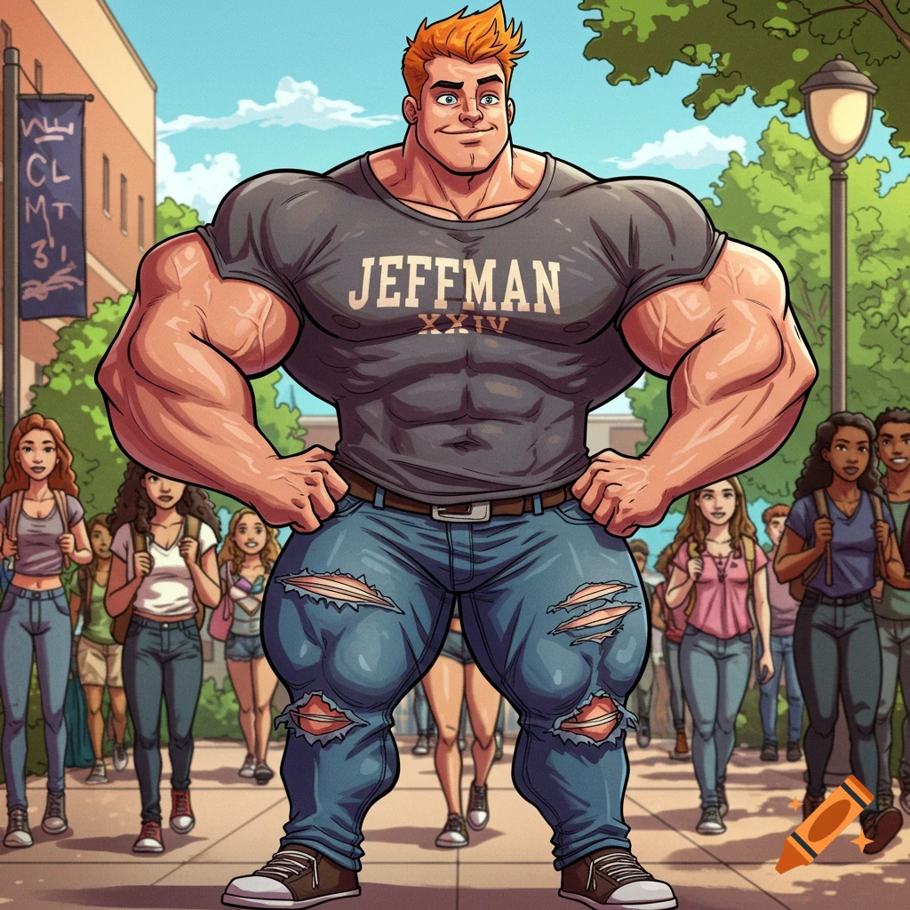 Cartoon of a muscular man in a 'JEFFMAN XXIV' t-shirt and ripped jeans standing on a college campus.
