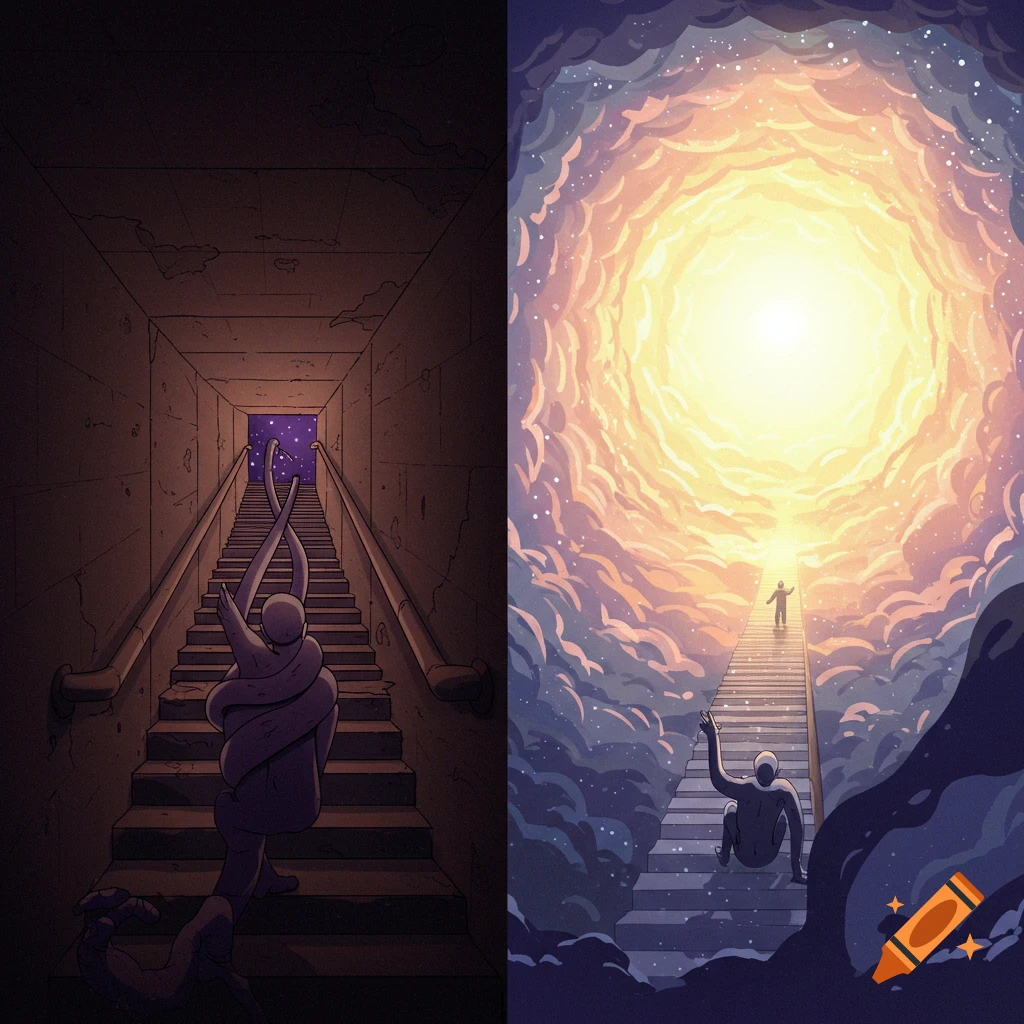 Split illustration of figures on stairs: one trapped in a dark corridor, the other ascending into ethereal light.