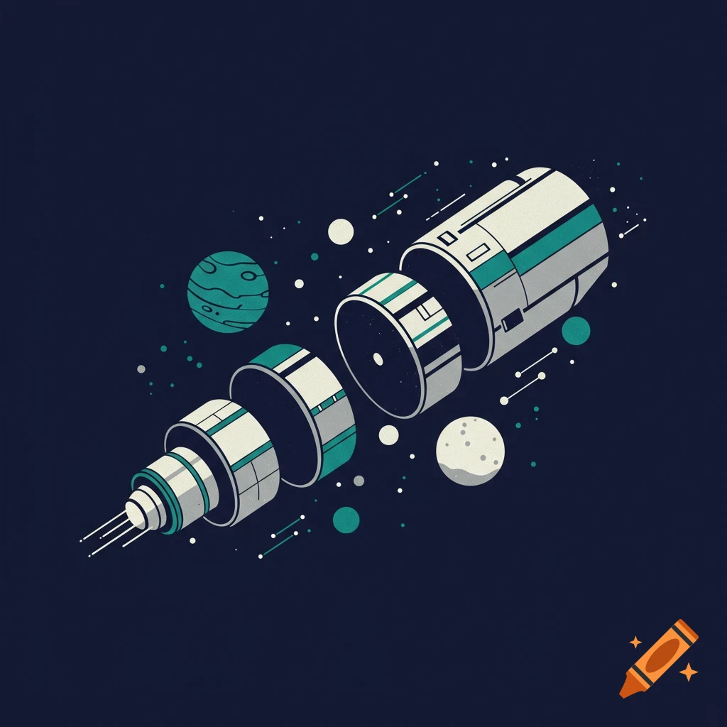 Minimalist illustration of a deconstructed satellite in space with planets.