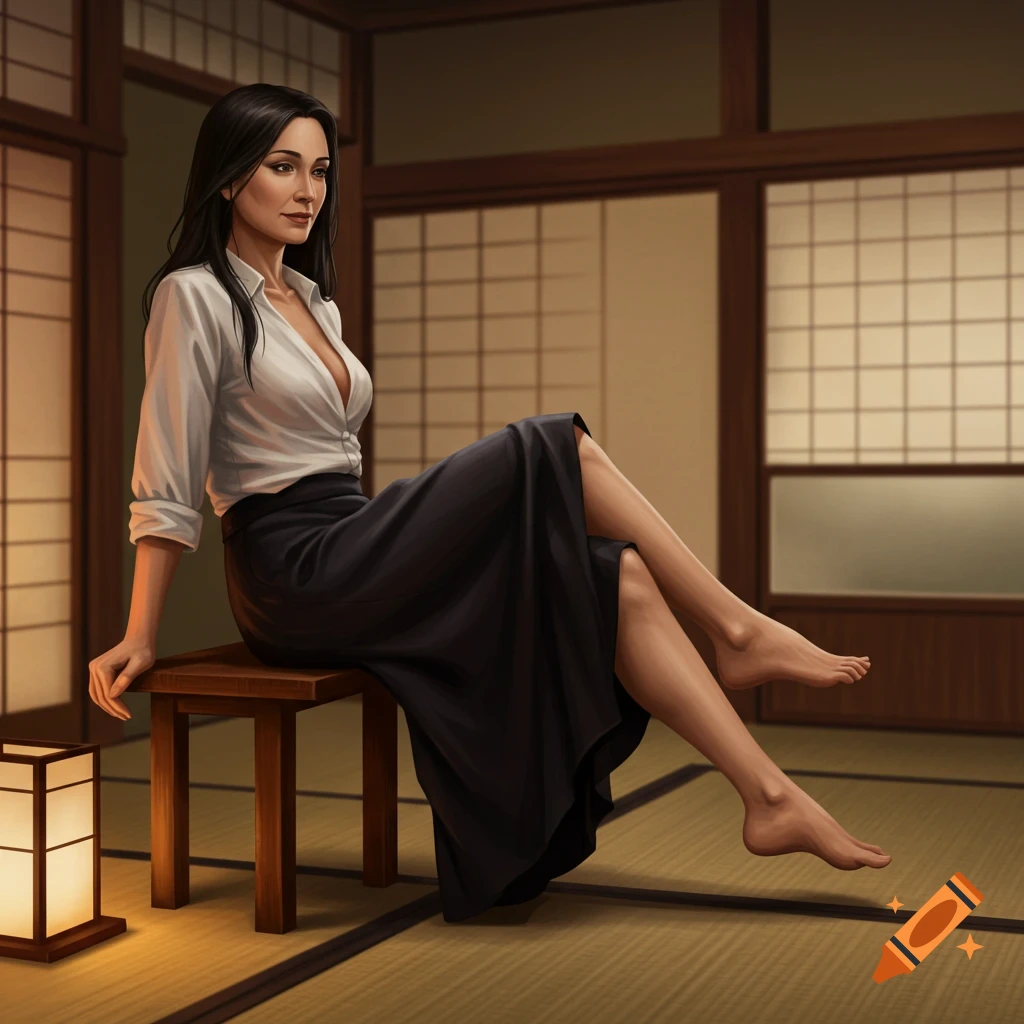A woman sitting on a stool in a traditional Japanese room.