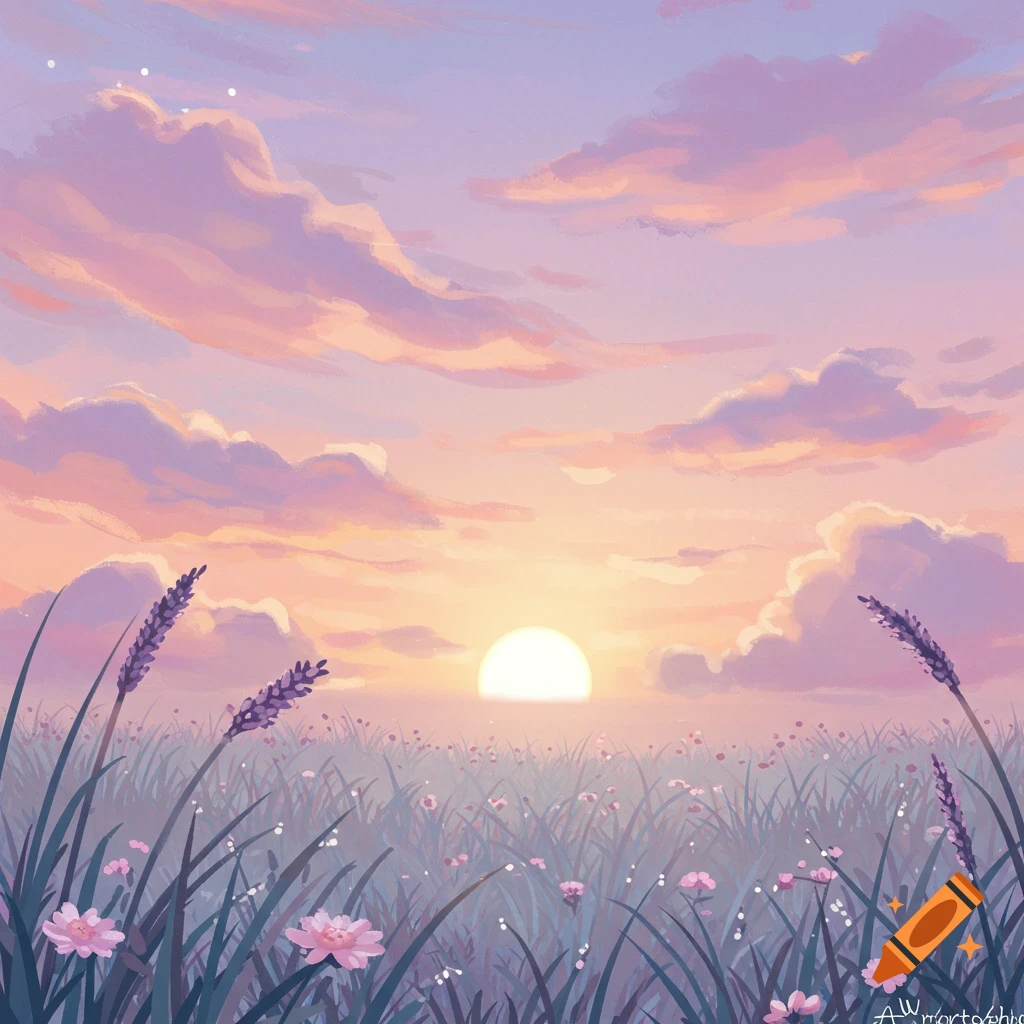 A meadow filled with flowers and lavender under a pastel sunrise sky.