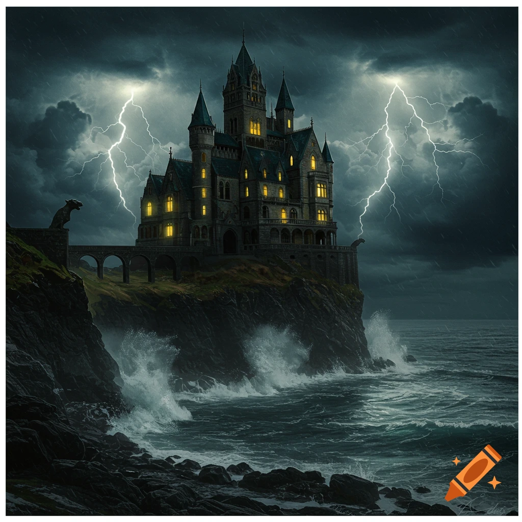 A majestic, haunted castle sits atop a cliff overlooking a stormy sea, lit by lightning.