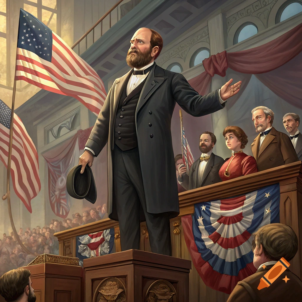 Illustrative painting of James A Garfield giving a speech at a podium with US flags and a crowd.