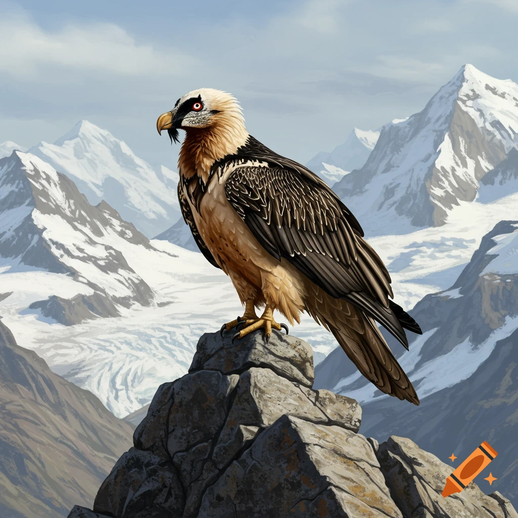 A bearded vulture perched on a rock in the mountains.