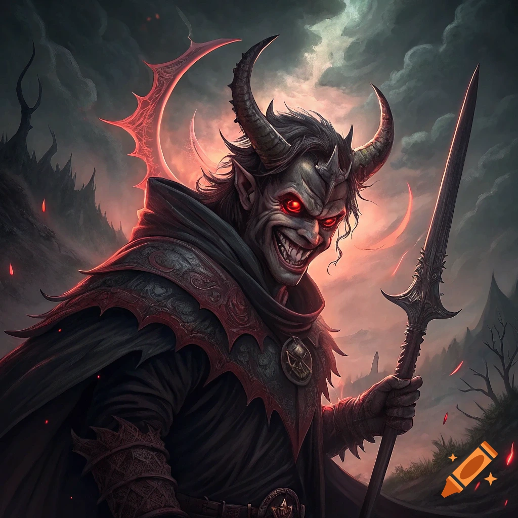 A sinister demon with horns and red eyes grins, holding a spear against a dark, stormy sky.