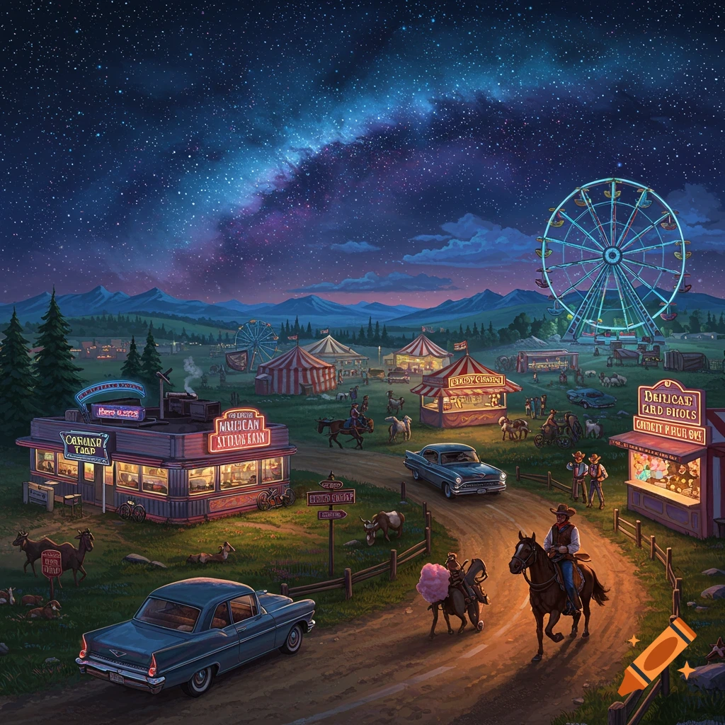 A rural Americana fair at night with a ferris wheel, tents, classic cars, and people under a starry sky.