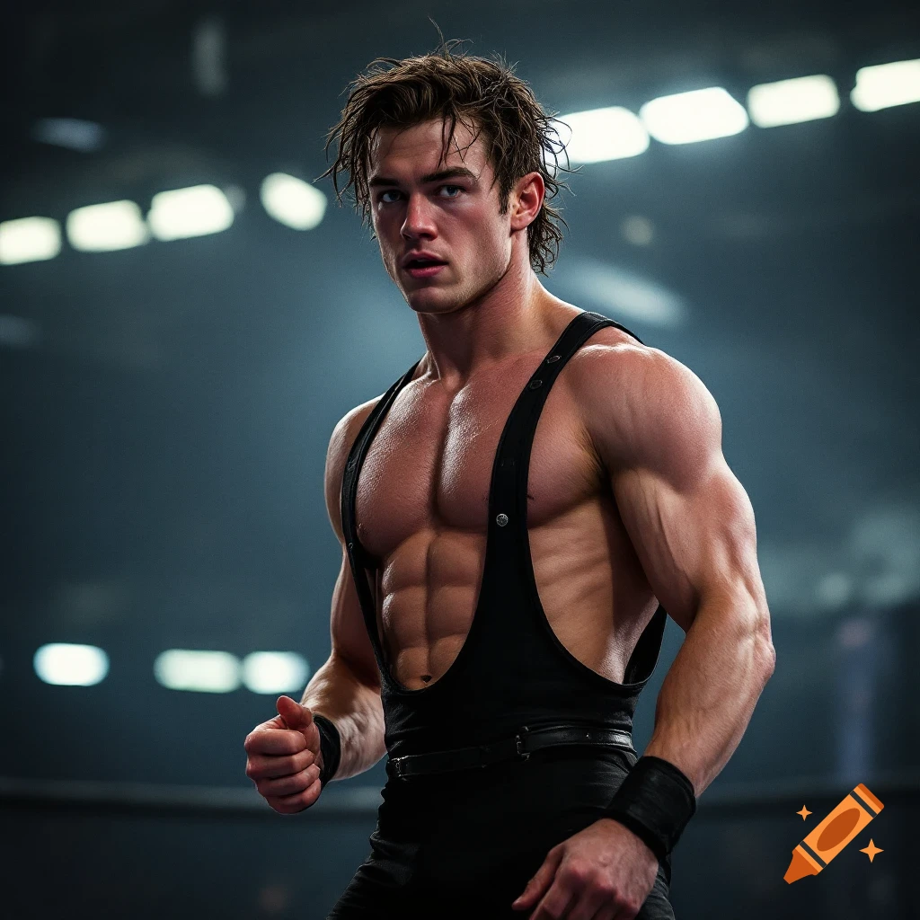 Muscular man in wrestling gear stands in a dark arena.