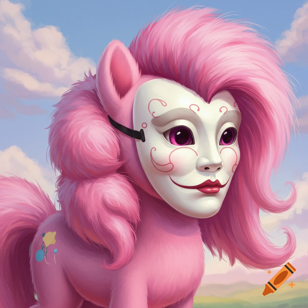 Pink pony wearing a white mask with red lips against a sky background.