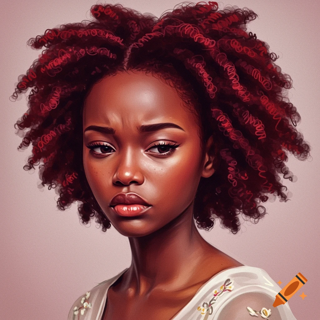 Portrait of a young Black woman with red afro hair frowning.
