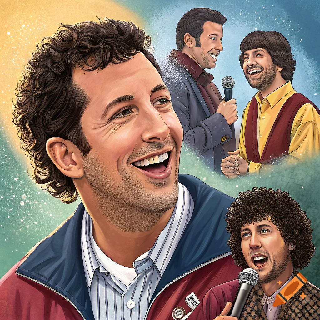 Collage portrait of Adam Sandler in different poses, illustration style.