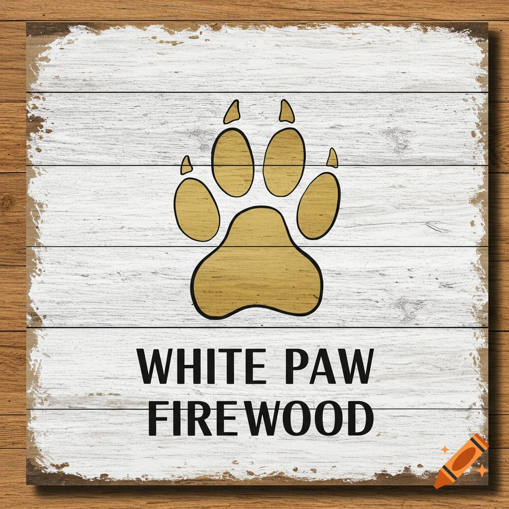 Rustic wooden sign with a golden paw print and 'White Paw Firewood' text.