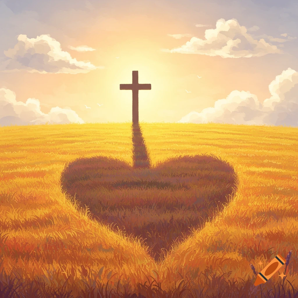 A cross casting a heart-shaped shadow on a golden field at sunset.