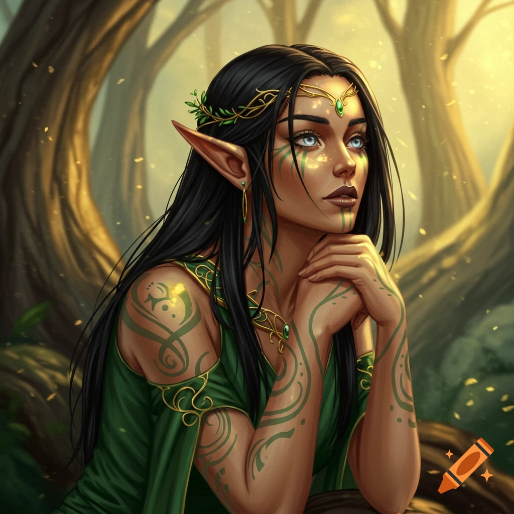 A female elf with dark hair and green markings in a forest.