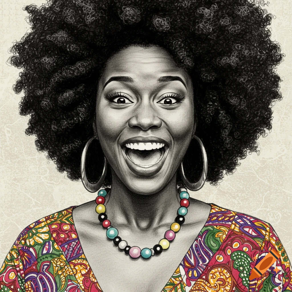 Pencil drawing portrait of an excited Black woman with an afro, colorful necklace, and printed shirt.