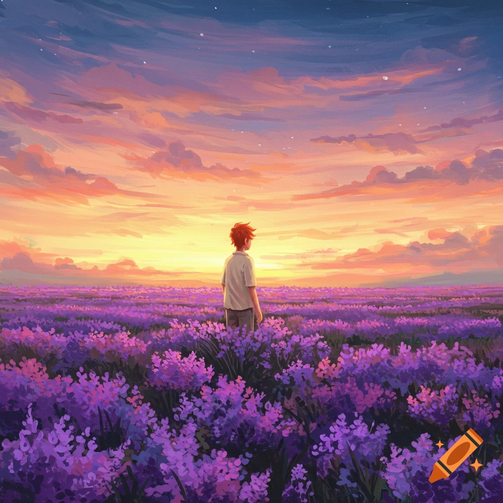 A person stands in a field of purple flowers at sunset.